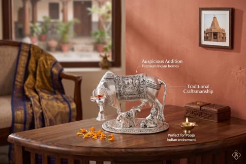 Image of KridayKraft Kamdhenu Cow & Calf with Bal Gopal Krishna Metal Statue Vastu Idol for Good Luck, Wealth & Prosperity, Feng Shui Showpiece for Home, Office & Housewarming Gift (Silver)
