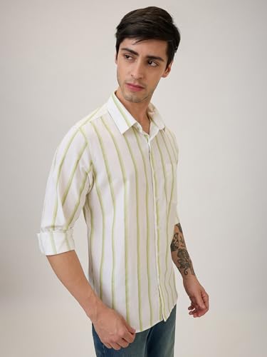Image of Spykar Men Slim Fit Green Striped Casual Shirt (Size: 3XL)-MSHST1BE246-Lint Green
