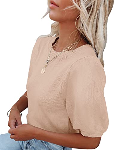Image of Womens Short Sleeve Sweaters Crewneck Knit Pullover Tops 2025 Summer Casual Lightweight Crochet Blouse Shirt