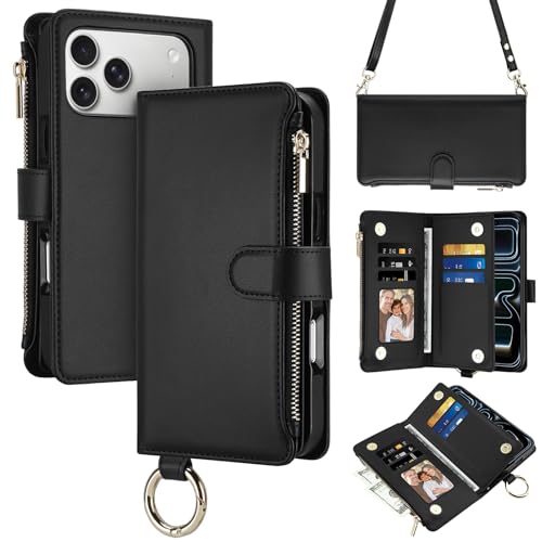 Vofolen for iPhone 17 Pro Max Case Wallet with Card Holder RFID Blocking Crossbody Strap Leather Heavy Duty Drop Protective with Magnetic Clasp Zipper Pocket Metal Ring Wrist Strap Phone Case-Black