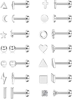MILACOLATO 14 Pairs Small Stud Earrings For Women Girls Kids Stainless Steel Hypoallergenic Geometric CZ Moon Star Triangle Cartilage Titanium Earrings Set Silver Butterfly Screw Flat Back Ear Studs