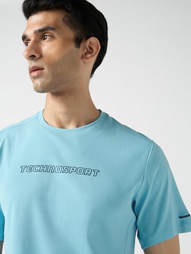 Image of TECHNOSPORT Men's Printed Slim Fit Henley Neck T-Shirt ELASTOLITE Half Sleeve Slip On Polyester for Gym Running Workout UPF50+ Anti Odour