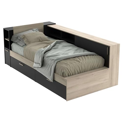 Miroytengo Cama Life con Almacenaje Dormitorio Juvenil Negro y Roble Kronberg 90x190-200 cm