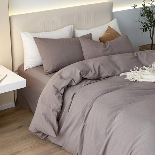 JIYUAN 100% Washed Cotton Duvet Cover Set 3 Pieces Super King, 1 Duvet Cover 108x98 Inches(Comforter Not Included) and 2 Pillowcases,Linen Feel Bedding Set Comfy and Breathable, Heathered Mauve Brown