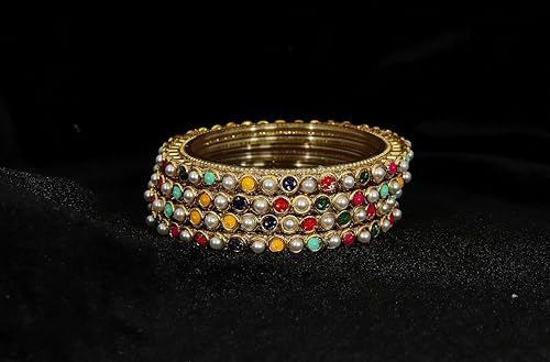 Image of NMII Glass Golden Zircon Gemstone & Colorful Beads Studded Bangles Kada Set For Women & Girls | Traditional Stylish Kangan | Bangles For Women Glass | Wedding, Party, Occasion Wear Bangle- Set of 4