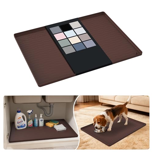 Image of URMONA Waterproof Silicone Under Sink Mat 25'' x 19'' Shelf Liner for Kitchen and Bathroom, Cabinet and Counter Protector, Storage and Organizers, Litter Mat, Pet Cat Puppy Essentials(Brown)