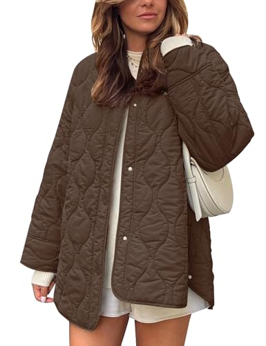 Flygo Women's Oversized Quilted Lightweight Jacket Button Down Puffer Padded Outerwear with Pocket(Coffee-M)