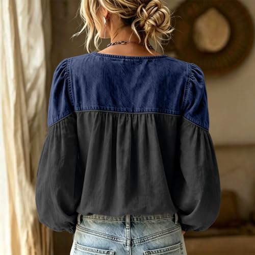 Floral Tops for Women Denim Patchwork Button V Neck Long Puff Sleeve Top - image 5