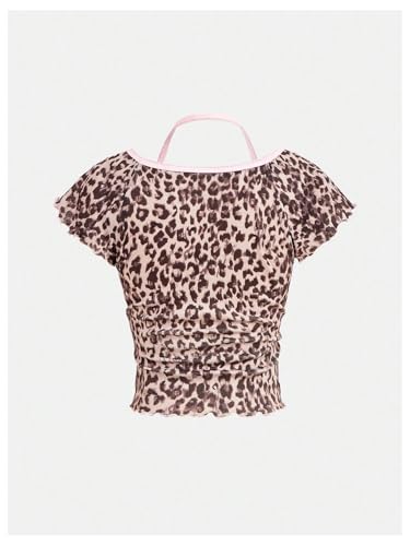 GORGLITTER Girl's Cheetah Print Top Bow Ruched Short Sleeve Halter Slim Fit Crop T Shirts2