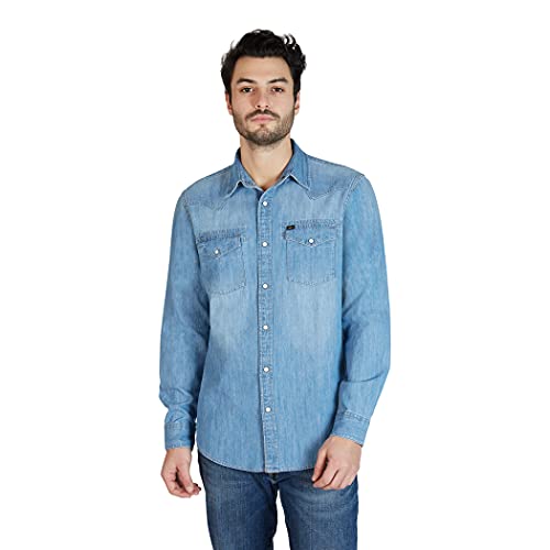 Lee Menâ€™s Long Sleeve Heritage Western Denim Shirt for Men, Light Wash, Large
