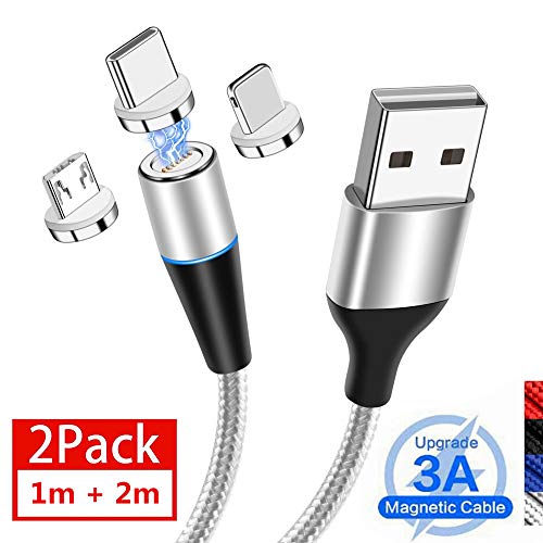 UGI Câble de Charge magnétique Chargeur Rapide 3 en 1 Câble 3A Charge Rapide et synchronisation de données Cordon tressé en Nylon (1m+2m,2 pièces) pour Micro USB,Type C/USB C,iOS,Smartphone Tablette
