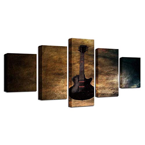 Toile 5 pièces guitare noire décoration murale moderne HD salon