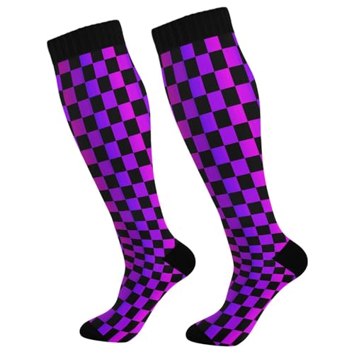 Pigsaly Purple Black Checkerboard Women's Compression Socks Buffalo Check Plaid Athletic Tube Sock Unisex Casual Knee High Socks Outdoor Sport Socks For Running Hiking Travel