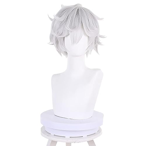 XiongXiongLe Peluca de anime de Halloween, cosplay, color gris y blanco, esponjoso, rizado, pelo corto, pelucas de repuesto para hombres, disfraces