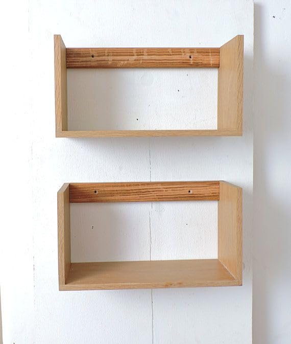Image of MAYAL Floating Wall Shelves, Wooden Box Design, Set of 2, Natural Wood Finish
