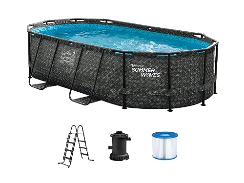 Vente-unique - Piscina tubular ovalada gris oscuro con bomba filtrante con cartucho - Ancho 424 x Prof. 250 x Alt. 100 - SALAMANQUE
