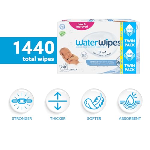Image of WaterWipes Sensitive+ Newborn & Baby Wipes, 3-In-1 Cleans, Cares, Protects, 99.9% Water, Unscented & Hypoallergenic, 60 Count (Pack of 24)