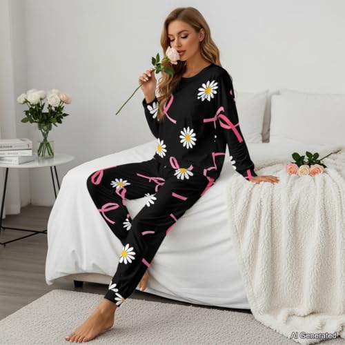 Image of Womens Lounge Set Long Sleeve Soft Pajama Sets | Casual 2 Piece Pj Outfit, Crewneck Sleepwear with Pockets, Adjustable Drawstring, Soft Comfy Fall Pajamas, Plus Size
