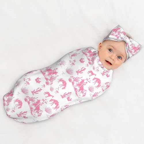 Image of Western Cowboy Cactus Pink Baby Stuff Swaddle Blanket Wrap Baby Newborn Blanket Soft Stretchy with Headband Hat Set Gift for Infant Boy Girl