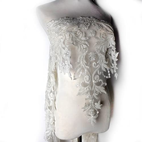 Labellezalady New Beaded Lace Trim In Ivory White Black Color 43Cm/17" Wide For Wedding Dress Bridal Veil Cloth (Off White(Ivory)) #TOP6