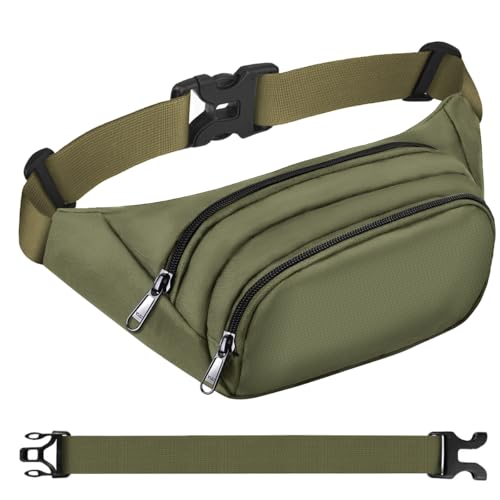 Marsupio da donna a 4 tasche con cintura allungata di 35 cm, da uomo, grande capacità, impermeabile, per iPad Mini e iPhone 12 pro max, verde militare, L, Sport