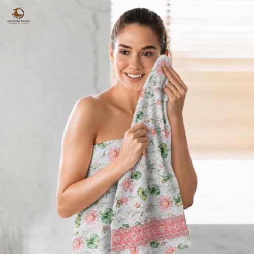 Image of Pure Cotton Printed Waffle Towel | Lightweight | Antimicrobial and Water Absorbent | Soft Touch Quick-Drying Bath Towel (Lotus Serene, Pack of 1)