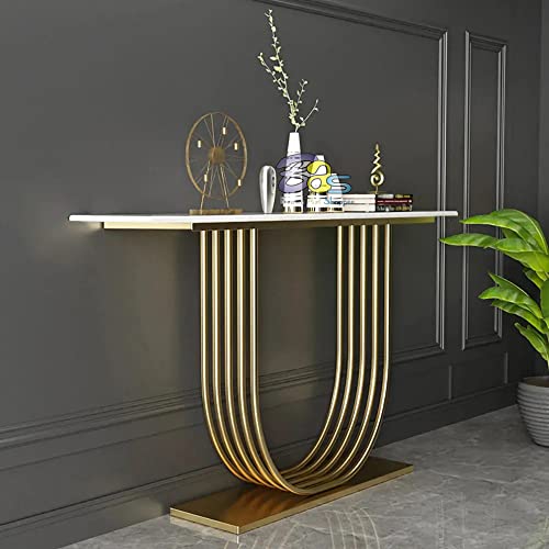 Image of Brown Art SHOPPEE Elegant Metal U Side Tables Console Sofa Tables End Table with Engineered Wood Top and Metal Frame Coffee Snack Console Tables for Living Room Or Corridor Hallway (Gold & White)