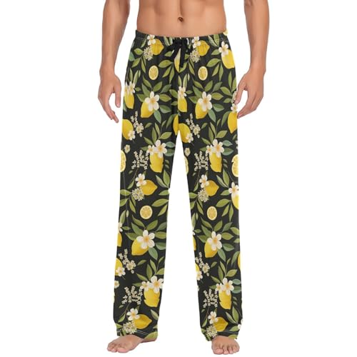 Men’s Lemon Flower Pajama Pants with Pockets, Comfortable Lounge Sleep Bottoms#931