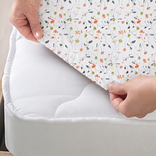 Image of IVAZA Ezyption Cotton Super Soft 240 TC Elastic Fitted All Around Elastic Printed King Size Double Bed Bedsheet with 2 Pillow Cover 72 inch X 78 inch3 White Orange