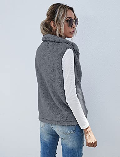 Raphin Daunenweste Damen Teddy-Fleece Ärmellos Casual Strickfleecejacke Damen Einfarbig Mode Lose Daunenweste Damen Leicht(Dunkelgrau,XXL)