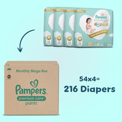 Image of Pampers Premium Care | Pant Style, Medium Size, 216 Count | 360 Cotton Softness Diaper |Anti Rash Diaper with Aloe Vera and 100% Leak Proof Protection | ((72 Count, Pack of 3)
