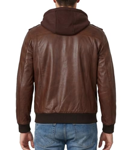 Image of Decrum Mens Leather Jacket - Detachable Hood Stylish Real Lambskin Leather Bomber Jacket Men