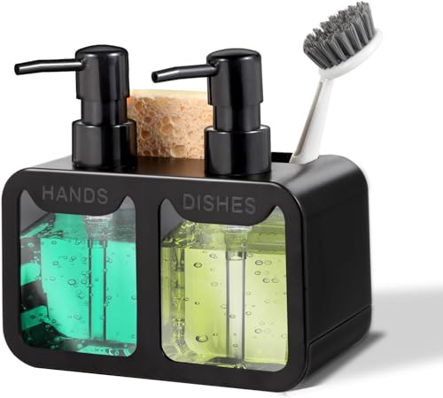 FORKLS Kitchen Soap Dispenser Set 4-in-1 Dual Hand & Dish Soap Dispenser with Sponge Caddy and Brush Holder for Kitchen Sink & Bathroom Countertop Organizer Black