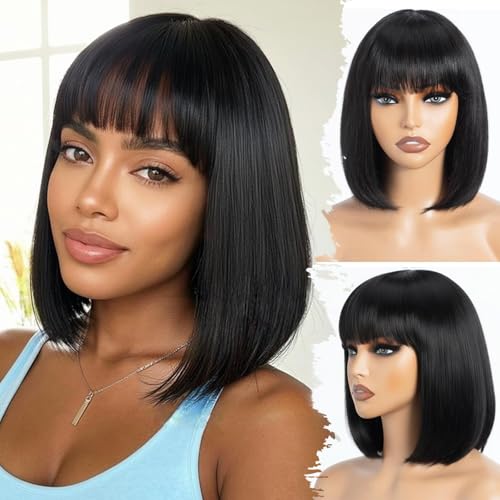 Image of Farblick Bob Wig Human Hair With Bangs Wear and Go Glueless10 Inch Straight Cut 180% Density Natural Black Human Hair For Women Daily Wear Wig