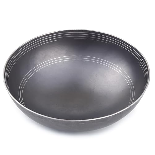 VISMAY'S 14 inch / 35.5 CM Iron Handle Free Deep Kadai Lohe Ki Kadhai Frying Pan Wok Exclusive Smooth Edge Technology Food Grade Iron Metal Spoon Friendly Gas and Induction Friendly