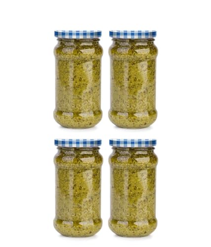 Image of Favola Essentials Round Lug Glass Jar, Check Blue Lid, 200 ml, Set of 4, Clear