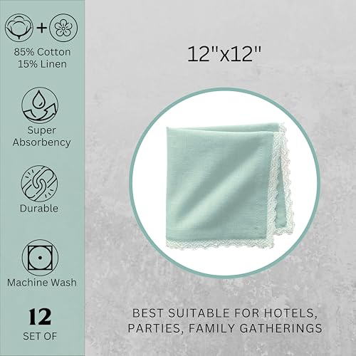 Image of FINGERCRAFT Cloth Napkins Set of 12 (12x12 Inch) - Cotton Linen Blend Dinner Napkins with Trim Lace Edge & Mitered Corners, Reusable Farmhouse Table Napkins for Wedding, Party & Daily Dining (Aqua)