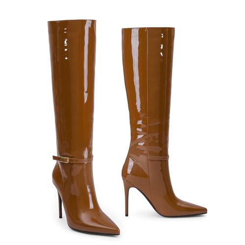 iiimmu Knee High Boots for Women 4.3 IN Stiletto High Heel Boots Zipperless Glossy Patent Leather Tall Boots Pointed Toe 16 IN Shaft2