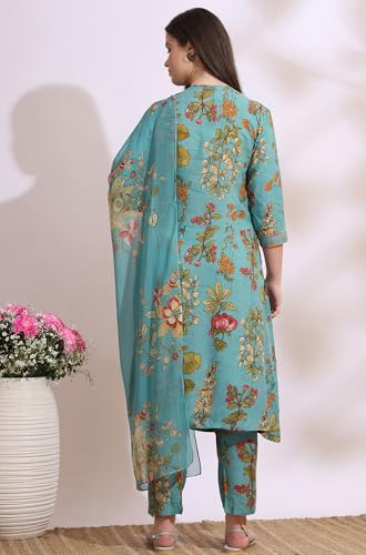 Image of W for Woman Reef Blue Floral Printed Modal Straight Kurta, Pants and Dupatta Set