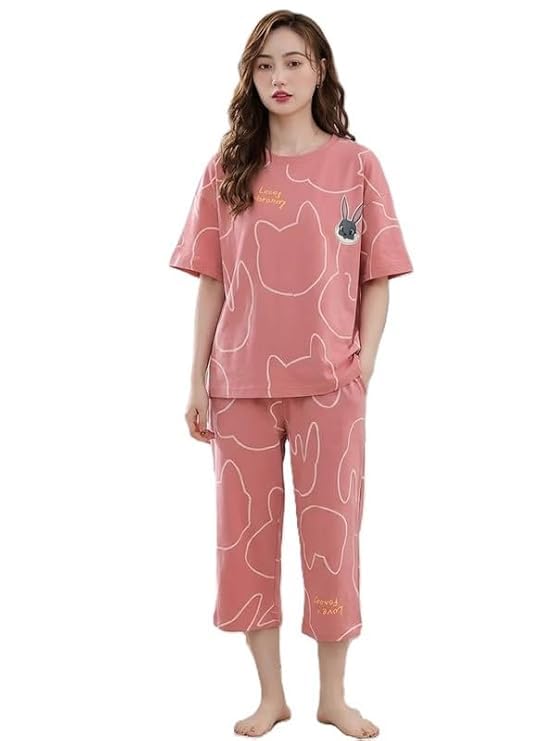 Women's Printed Capri Pajama Set | Comfortable T-Shirt Night Suit | Casual Lounge Wear for Women Dusty Pink-picture-40
