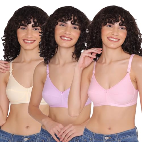 Image of INKURV Cotton Hosiery Bra for Women's Daily use, Full Coverage Bra for Regular wear, Non Padded, Non Wired Everyday Bra with Rich Cotton-Zoe Combo of 3