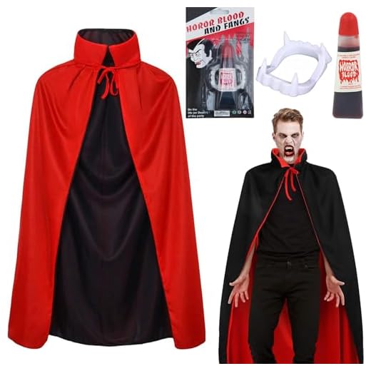 Winwild 3 Stück Vampir Kostüm Herren Set,150CM Vampir Umhang Halloween mit Vampire Zähne & Kunstblut,Halloween Umhang Schwarz Rot Vampire Cape Dracula Kostüm Erwachsene