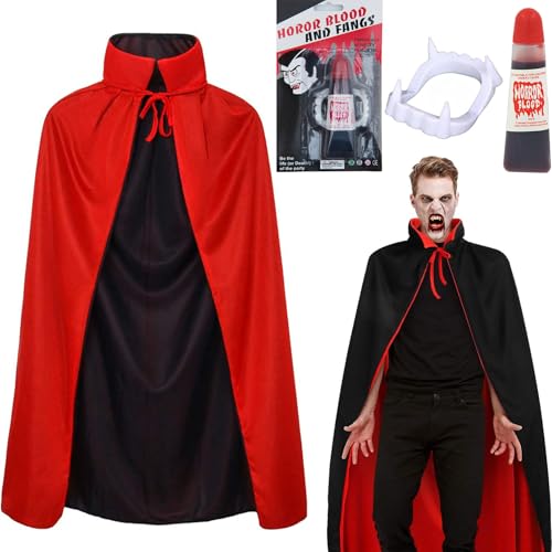Winwild 3 Stück Vampir Kostüm Herren Set 150CM Vampir Umhang Halloween mit Vampire Zähne & Kunstblut Halloween Umhang Schwarz Rot Vampire Cape Dracula Kostüm Erwachsene