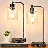 Industrial Touch Table Lamps Set of 2 - Rustic Black Bedside Lamps with 2 USB Ports & AC Outlet, 3-Way Dimmable Nightstand Desk Lamp for Bedroom Living Room Farmhouse, Glass Shade & LED Bulbs Included