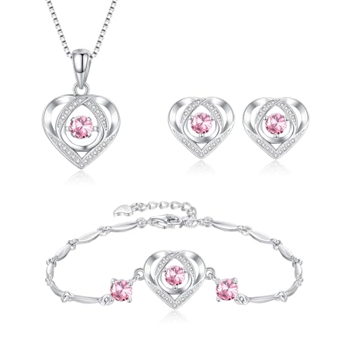 Bewenda Conjuntos de joyas de plata para mujer, plata de ley 925, colgante de corazón, collar, pendientes y pulsera, juego de 3 piezas con circonitas blancas/rosas/azules, bonito juego de joyas con