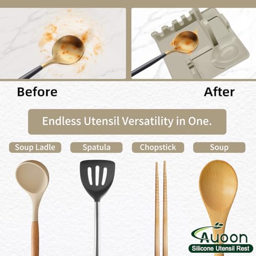 Image of Auoon Silicone Spoon Rest with Lid Holder - 3 in 1 Kitchen Utensil Rest for Soup Ladles, Pot Lids, Spatulas, Spoons, Tongs, BPA Free & Dishwasher Safe, 8.26 x 8.06 Inch (Milk Shake, Large)