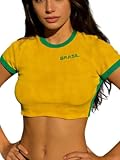 Felcia Women's Ribbed Short Sleeve Crop Top Y2K Slim Fit Crew Neck Cropped T-Shirt Embroidered Slim Fit Streetwear (A-Yellow, S)