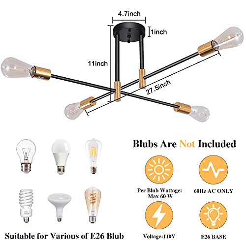 Lasenchoo Modern Ceiling Light Fixture, 4-Lights Sputnik Chandeliers Black & Gold, Sputnik Light Fixtures Ceiling Flush Mount, Mid Century Pendant Light With Adjustable Arms For Bedroom Living Room #TOP1
