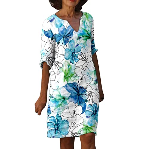 Leinenkleid Damen Sommer Sommerkleid Knielang Strandkleid V-Ausschnitt Baumwolle Leinen Kleid Kurzarm Blusenkleid Blumen Drucken Bequeme A Linien...