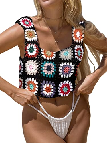 SHENHE Women's Sheer Floral Crochet Square Neck Sleeveless Cover Up Tank Crop Tops